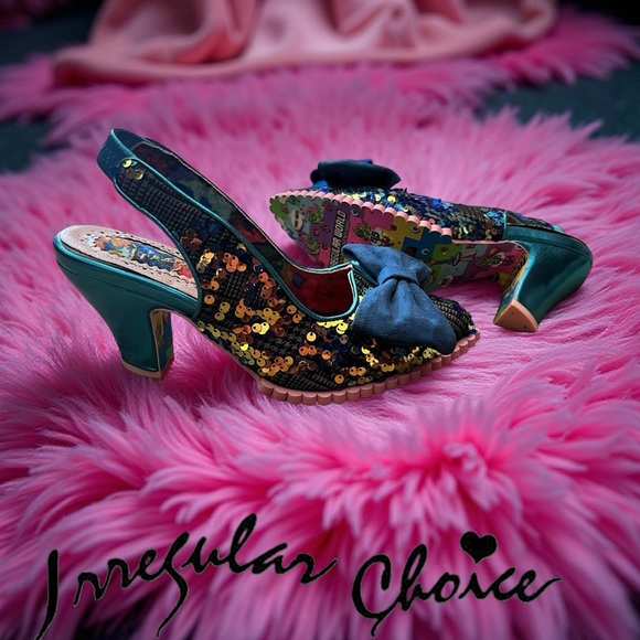 🌸 IRREGULAR CHOICE Blue sequin bow game over pointy sling back heel shoes size 7 - Picture 1 of 6